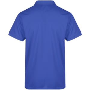 A blue polo shirt featuring a collar and short sleeves, displaying a plain back design.