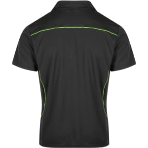 A black men's polo shirt featuring green accents, with a logo on the back and a classic cut design.