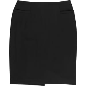 A knee-length black skirt with two front pockets, featuring a simple and sleek design. Includes a logo.