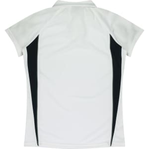 A white polo shirt featuring black side panels and a collar, with a logo present.