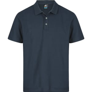 A navy polo shirt with a collar and three buttons, featuring a logo on the tag.