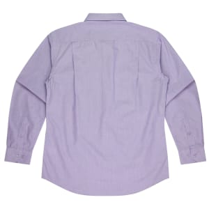 A long sleeve button-up shirt in light purple with a back pleat design. Features a logo on the fabric.