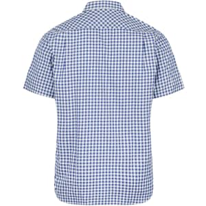 A short sleeve button-up shirt in a blue and white checkered pattern with a plain back view. It features a logo.