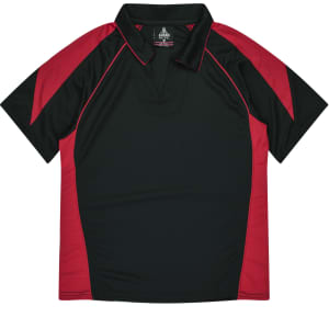 A polo shirt featuring a black body with red accents and a collar, designed for women. It has branding on the tag.
