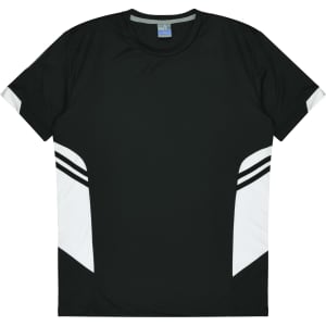 A black T-shirt with white accents and stripes on the sides. It features a logo on the collar.
