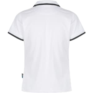 A white polo shirt with black trim and a logo. The shirt features a classic collar and short sleeves.
