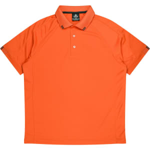 An orange polo shirt with a collared neckline and short sleeves, featuring a logo on the collar.