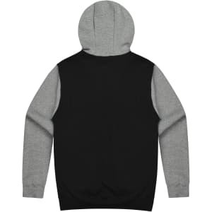 A hoodie featuring a grey hood and sleeves with a black body, complete with a logo on the back.