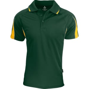 A green polo shirt with yellow accents and a logo, featuring a classic collar and button placket.