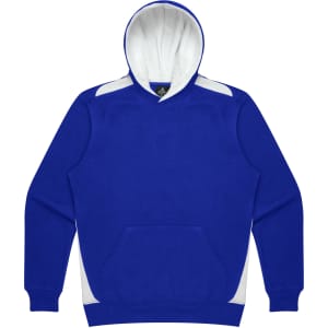 A blue hoodie with a white hood, featuring a front pocket and contrasting panels on the shoulders.