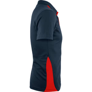 A navy polo shirt featuring red accents on the sides and a logo.