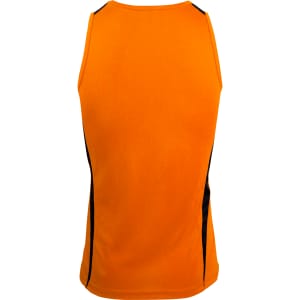 An orange men's singlet featuring black side panels and a branding logo on the back.