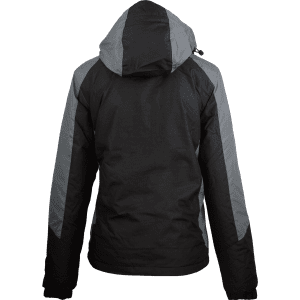 A black and grey jacket with a hood and a logo on the back. Suitable for various outdoor activities.
