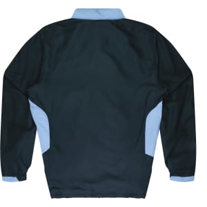 A dark green and light blue tracktop featuring a collar and long sleeves, with a logo on the back.