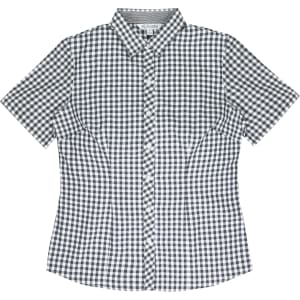 A short-sleeve button-up shirt featuring a black and white gingham pattern and a collar. It has a logo on the label.