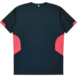 A navy blue t-shirt with pink accents on the sides and a logo on the back.