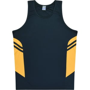 A navy blue singlet featuring yellow side panels and stripes, with a logo on the front.