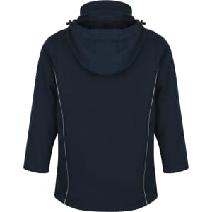 A navy jacket with a hood and zippered sides, featuring a sleek design and an attached neck collar.