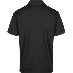 A black men's polo shirt featuring a classic collar and short sleeves, with a logo present on the design.