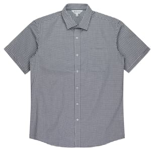 A short-sleeve button-up shirt in a black and white checkered pattern, featuring a collar and button closure.