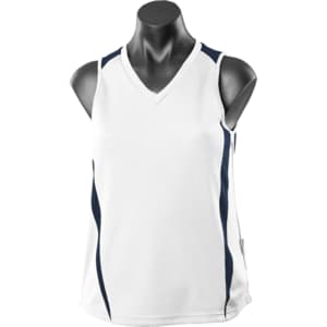 A sleeveless white singlet with navy accents and a logo, displayed on a black mannequin.