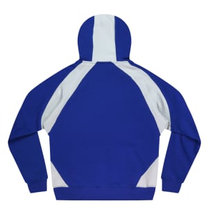 A blue and white HUXLEY men's hoodie featuring a hood and contrasting panel design on the back.