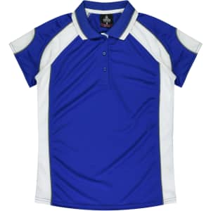 A blue and white polo shirt with a collar and a branded label inside.
