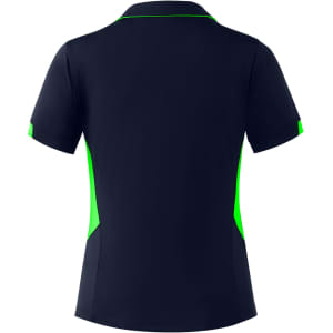 A navy polo shirt with contrasting green side panels and a collar. It has a logo on the chest.