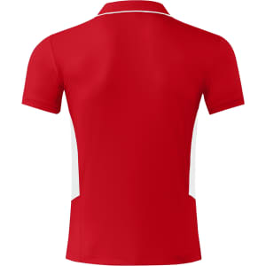 A red polo shirt with white side panels and a collar, featuring a logo on the front.