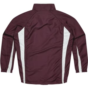 A maroon jumpers with white side panels and a high collar. The back view features a smooth surface.