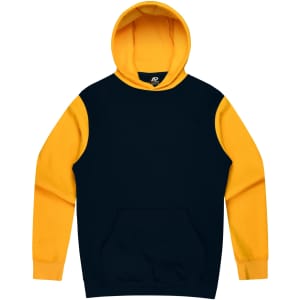 A hoodie featuring a dark navy body and a bright yellow hood, equipped with a front pocket. It has a logo on it.