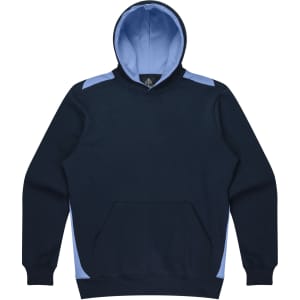 A navy blue hoodie featuring light blue accents and a front pocket, with a hood and a logo present.