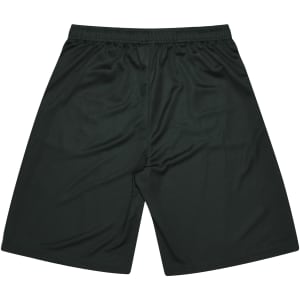 Sports shorts for kids in dark green, featuring an elastic waistband and a simple design. Contains a logo.