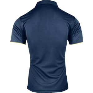 A navy blue polo shirt featuring a contrasting trim, with a branded logo on the back.