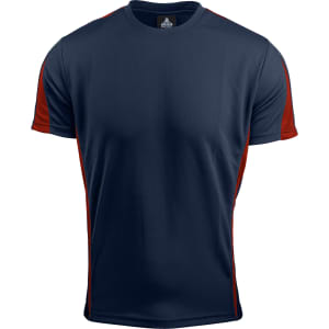 A navy blue T-shirt with red accents on the sleeves and sides. It features a logo on the collar.