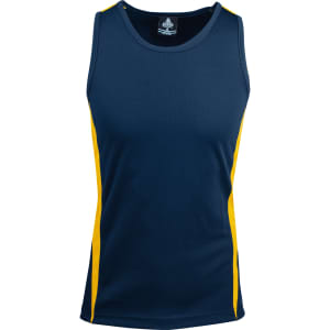 A navy blue singlet with yellow side panels and a logo on the neckline. Suitable for casual wear or sports.