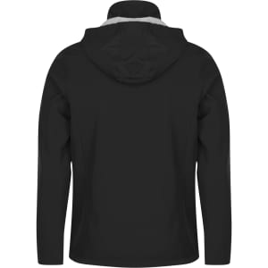 A black jacket with a hood, featuring a plain design and a contrasting inner lining. The jacket has a logo on it.