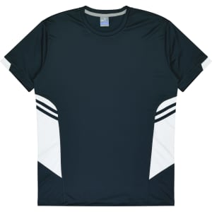 A dark green T-shirt with white side panels and stripes. It features a logo on the neckline.