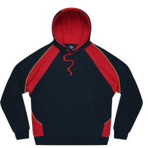 A navy hoodie with red and yellow accents, featuring a front pocket and adjustable drawstring hood.