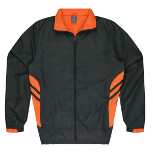 A dark green tracktop with orange accents and a zip front. The design features three stripes on the sides and a collar.