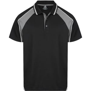 A black polo shirt with grey accents and a logo on the chest. Short sleeves and a classic collar design.