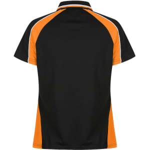 A black polo shirt with orange accents and a logo, featuring a sporty design and short sleeves.
