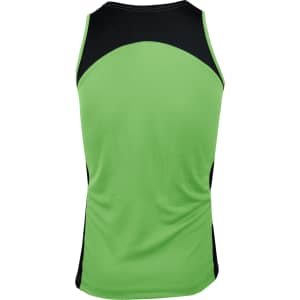 A green and black singlet featuring a curved design and a logo on the back.