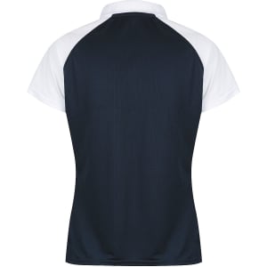 A polo shirt featuring a navy back with white sleeves and a collar, complete with branding.