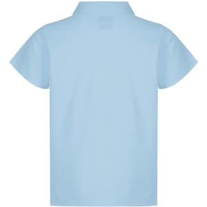 A light blue polo shirt for kids featuring a collar and short sleeves, with a logo on the garment.