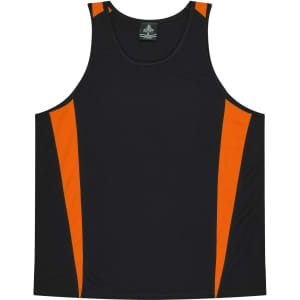 A black singlet with orange side panels and a logo on the label.