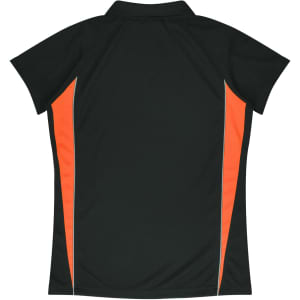 A black polo shirt featuring orange side panels and a collar, with a logo on the back.