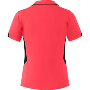 A women's polo shirt in bright pink with black side panels and a collar, featuring a logo.
