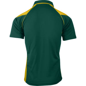 A green polo shirt with yellow accents, featuring a collar and short sleeves. It has a branding logo on it.