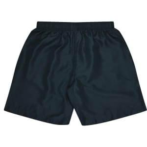 Dark green kids' sports shorts with an elastic waistband and a branded logo present.